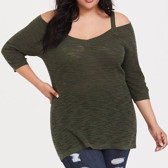 Torrid Slub Pullover Tunic V-Neck Cold Shoulder Sweater Fall 2x NWT NEW olive - Picture 2 of 11